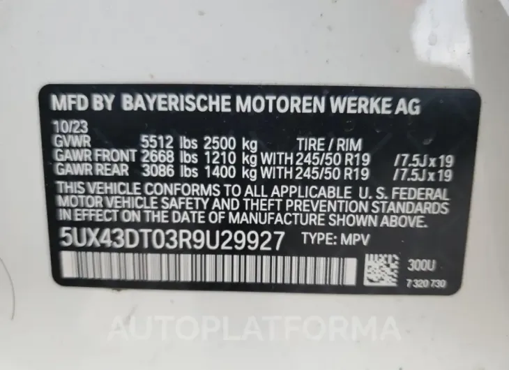 BMW X4 M40I 2024 vin 5UX43DT03R9U29927 from auto auction Copart