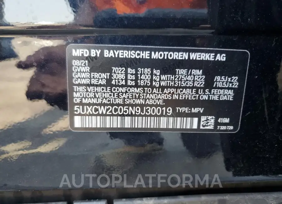 BMW X7 XDRIVE4 2022 vin 5UXCW2C05N9J30019 from auto auction Copart