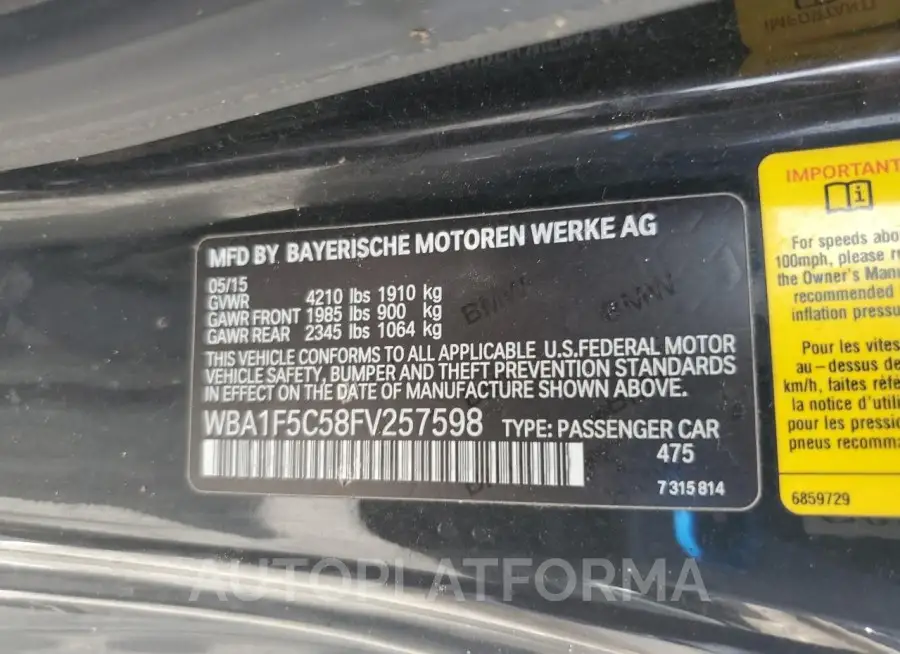 BMW 228 I 2015 vin WBA1F5C58FV257598 from auto auction Copart