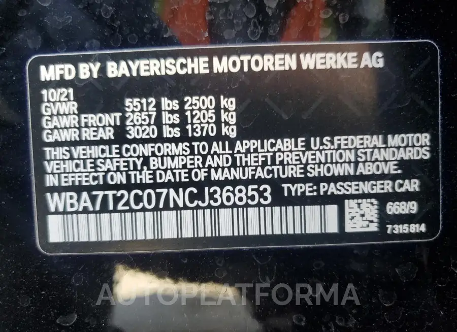 BMW 740 I 2022 vin WBA7T2C07NCJ36853 from auto auction Copart