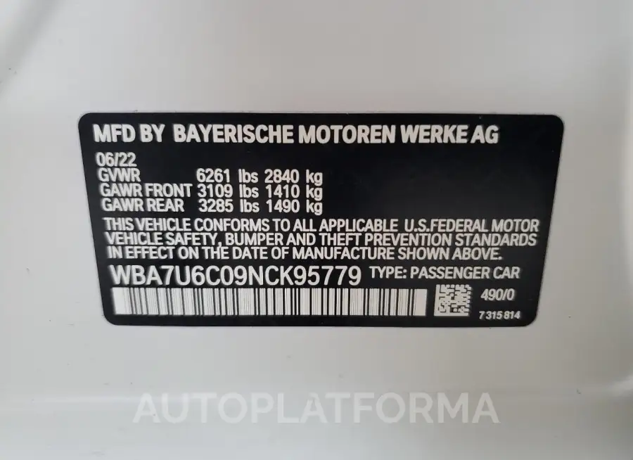 BMW M760 XI 2022 vin WBA7U6C09NCK95779 from auto auction Copart