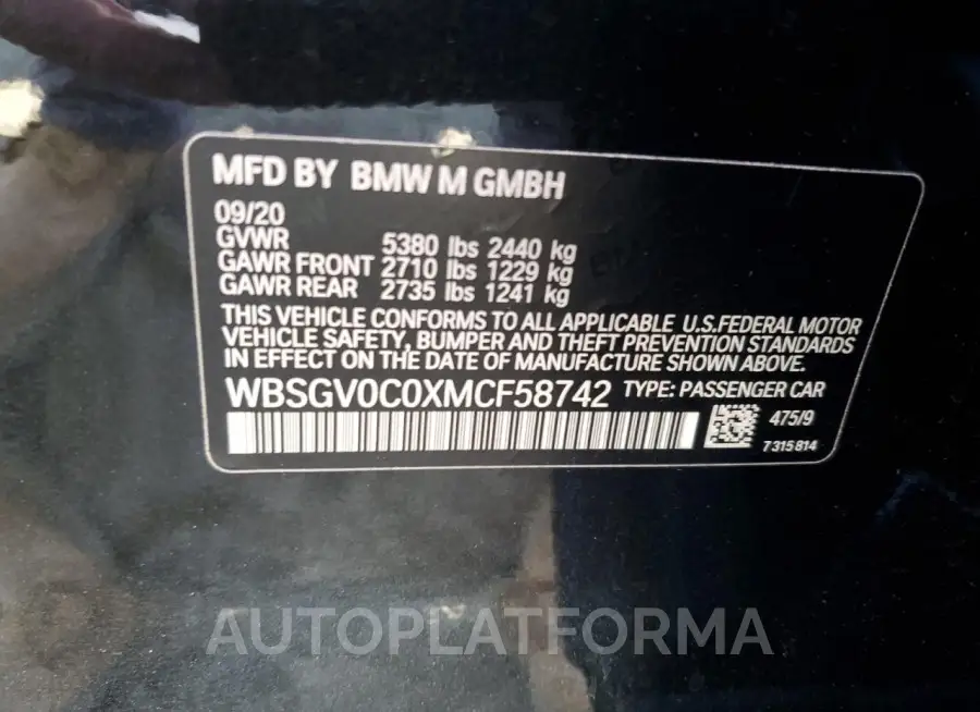 BMW M8 2021 vin WBSGV0C0XMCF58742 from auto auction Copart