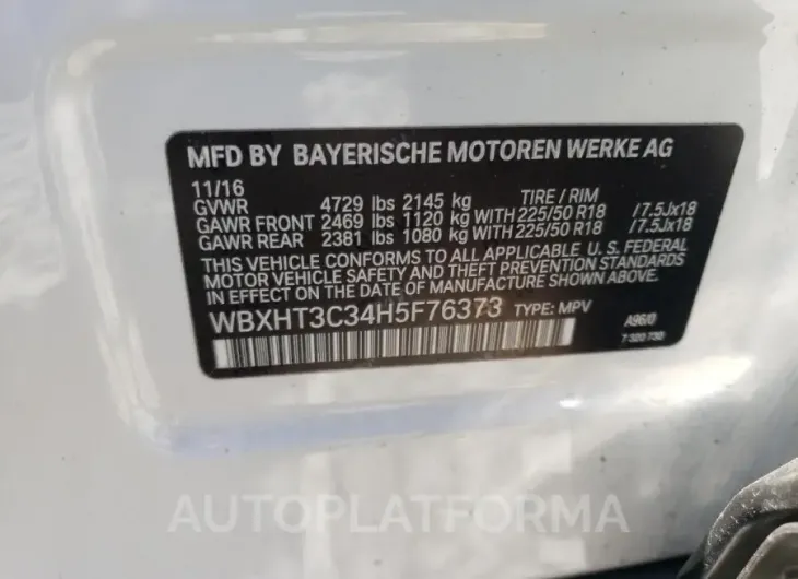 BMW X1 XDRIVE2 2017 vin WBXHT3C34H5F76373 from auto auction Copart