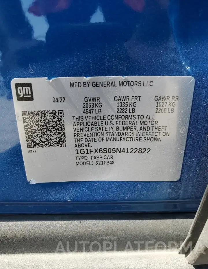 CHEVROLET BOLT EV 2L 2022 vin 1G1FX6S05N4122822 from auto auction Copart