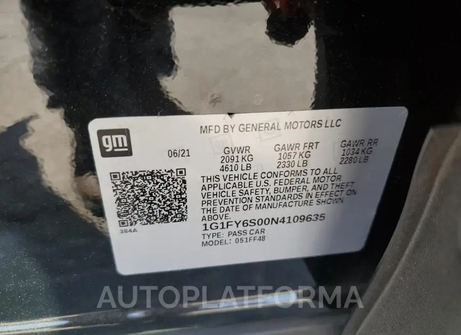 CHEVROLET BOLT EUV L 2022 vin 1G1FY6S00N4109635 from auto auction Copart