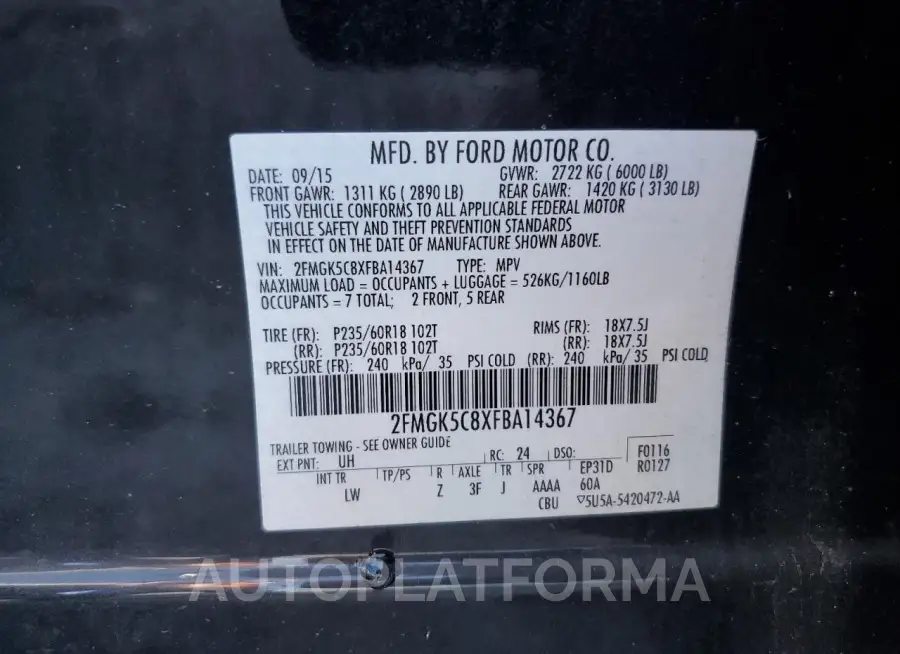 FORD FLEX SEL 2015 vin 2FMGK5C8XFBA14367 from auto auction Copart