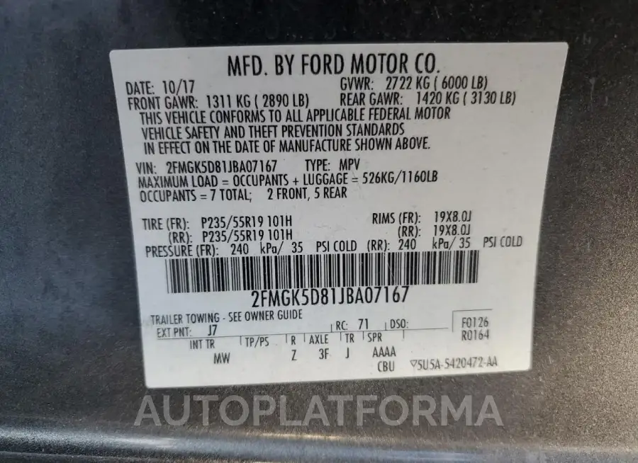 FORD FLEX LIMIT 2018 vin 2FMGK5D81JBA07167 from auto auction Copart