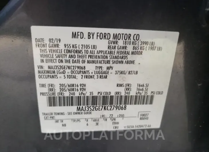 FORD ECOSPORT S 2019 vin MAJ3S2GE7KC279068 from auto auction Copart