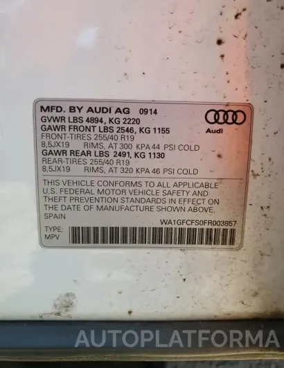 AUDI Q3 PRESTIG 2015 vin WA1GFCFS0FR003857 from auto auction Copart