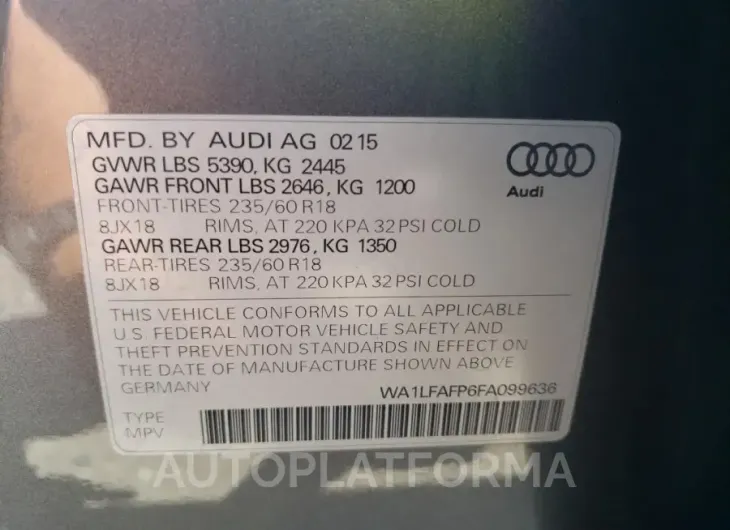 AUDI Q5 PREMIUM 2015 vin WA1LFAFP6FA099636 from auto auction Copart