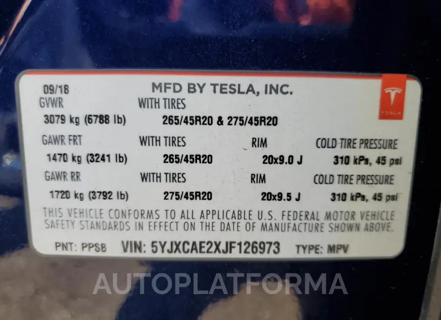 TESLA MODEL X 2018 vin 5YJXCAE2XJF126973 from auto auction Copart