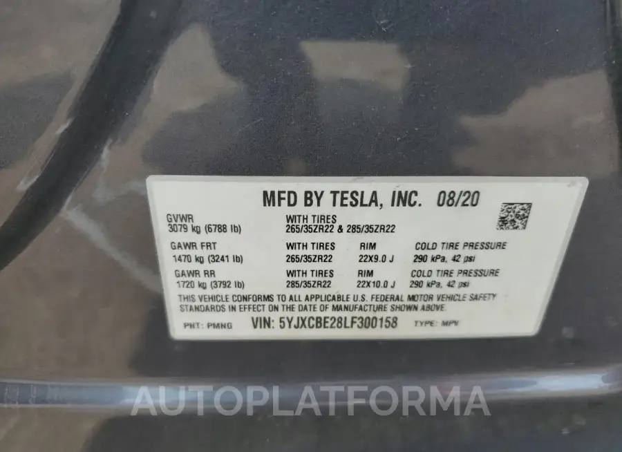 TESLA MODEL X 2020 vin 5YJXCBE28LF300158 from auto auction Copart