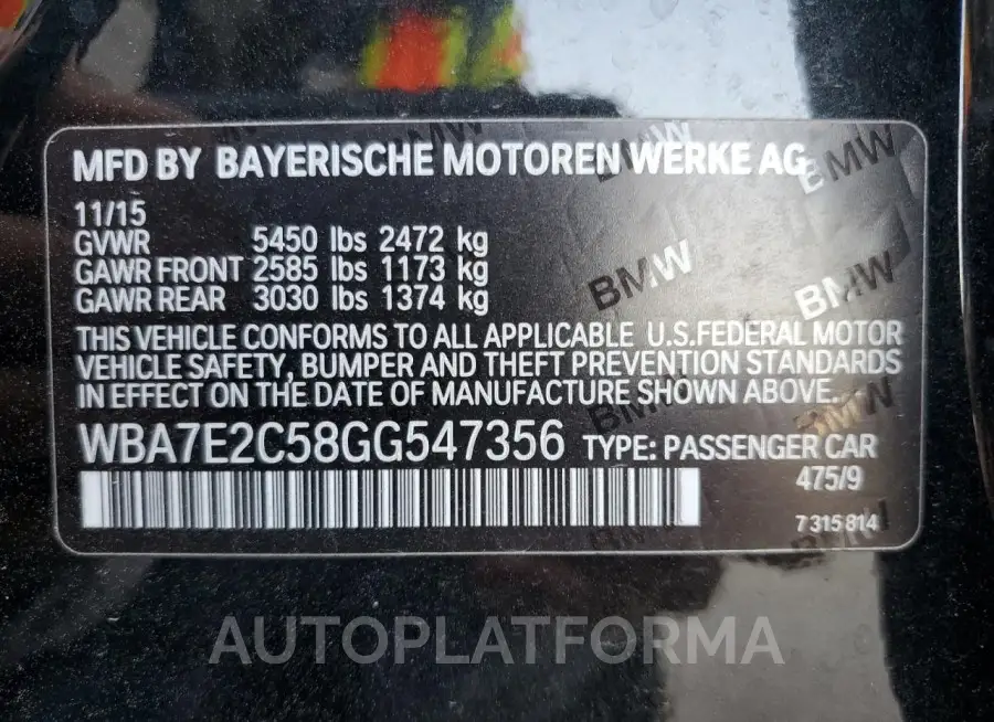 BMW 740 I 2016 vin WBA7E2C58GG547356 from auto auction Copart