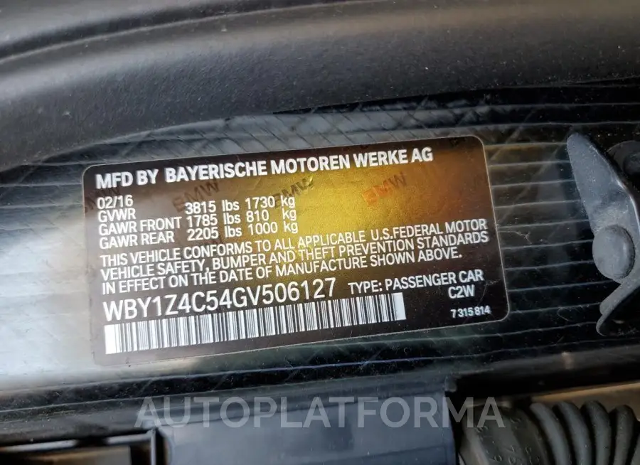 BMW I3 REX 2016 vin WBY1Z4C54GV506127 from auto auction Copart