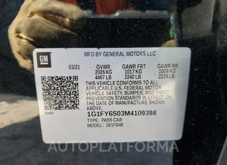 CHEVROLET BOLT EV LT 2021 vin 1G1FY6S03M4109398 from auto auction Copart