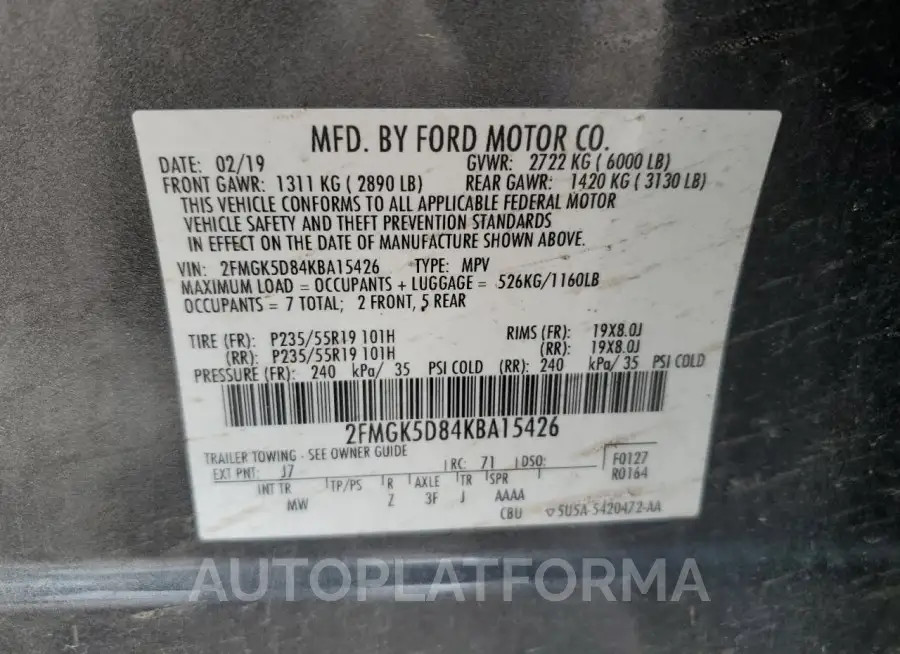 FORD FLEX LIMIT 2019 vin 2FMGK5D84KBA15426 from auto auction Copart