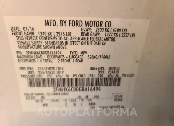 FORD FLEX SEL 2016 vin 2FMHK6C80GBA16494 from auto auction Copart