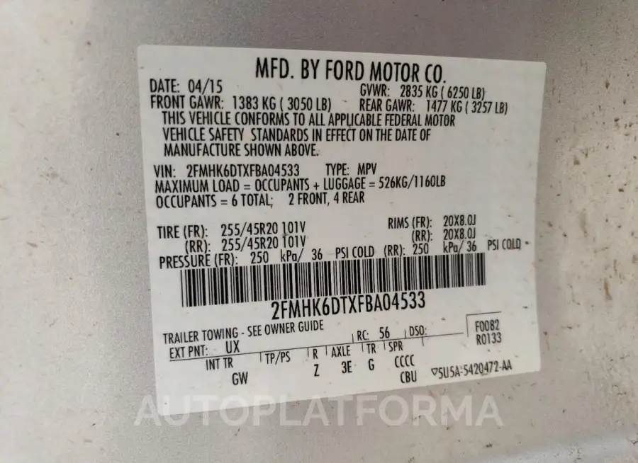 FORD FLEX LIMIT 2015 vin 2FMHK6DTXFBA04533 from auto auction Copart