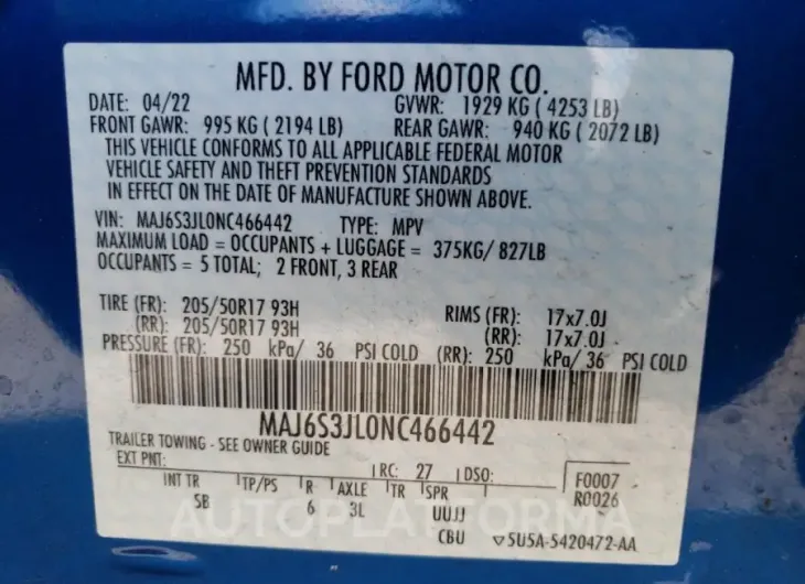 FORD ECOSPORT S 2022 vin MAJ6S3JL0NC466442 from auto auction Copart