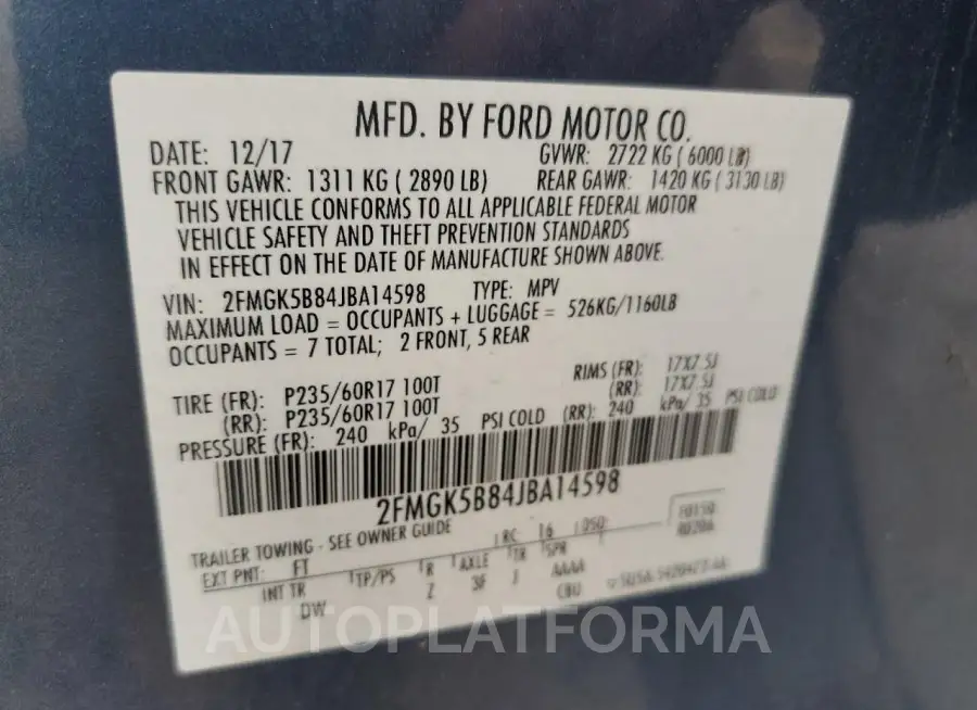 FORD FLEX SE 2018 vin 2FMGK5B84JBA14598 from auto auction Copart