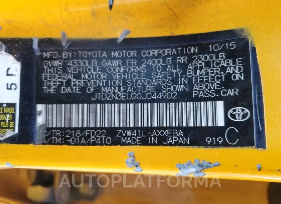 TOYOTA PRIUS V 2016 vin JTDZN3EU2GJ044902 from auto auction Copart