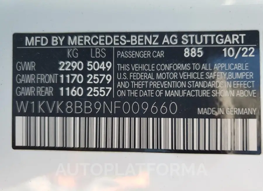 MERCEDES-BENZ SL 63 AMG 2022 vin W1KVK8BB9NF009660 from auto auction Copart