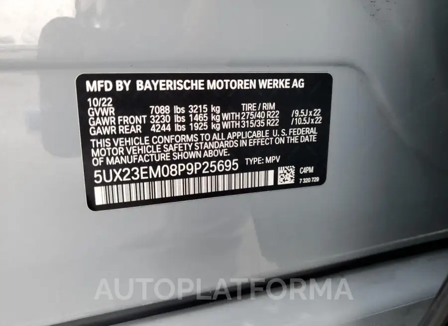 BMW X7 XDRIVE4 2023 vin 5UX23EM08P9P25695 from auto auction Copart