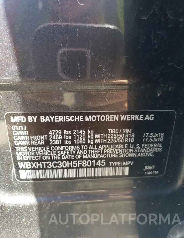 BMW X1 XDRIVE2 2017 vin WBXHT3C30H5F80145 from auto auction Copart