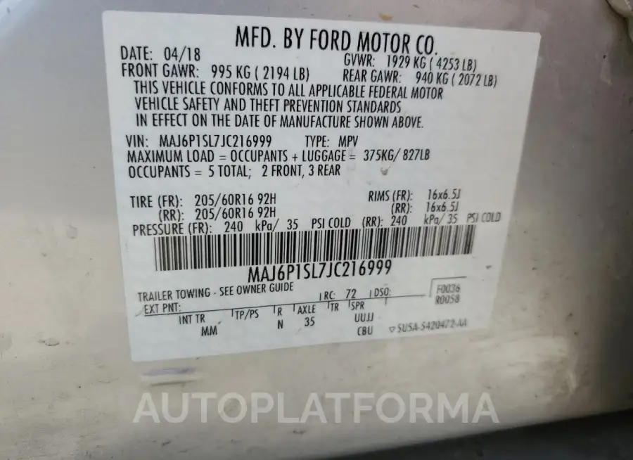 FORD ECOSPORT S 2018 vin MAJ6P1SL7JC216999 from auto auction Copart