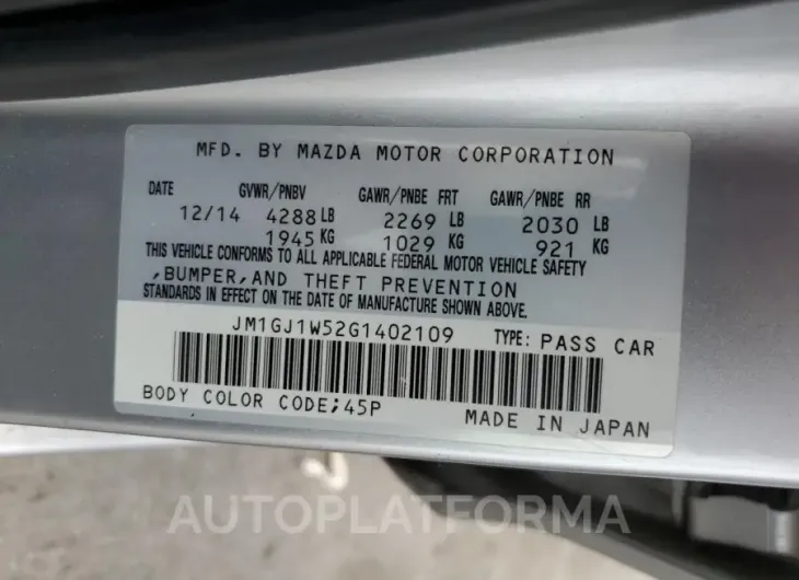 MAZDA 6 GRAND TO 2016 vin JM1GJ1W52G1402109 from auto auction Copart