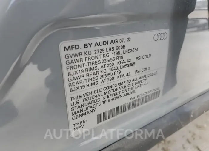 AUDI Q4 E-TRON 2023 vin WA1BCBFZXPP079240 from auto auction Copart