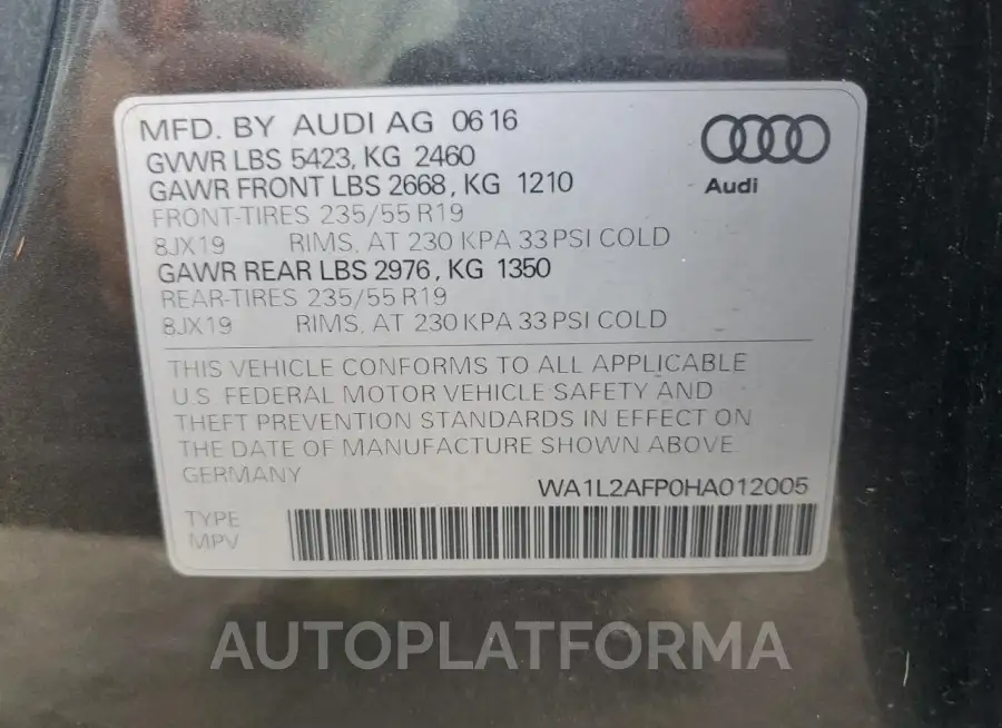 AUDI Q5 PREMIUM 2017 vin WA1L2AFP0HA012005 from auto auction Copart