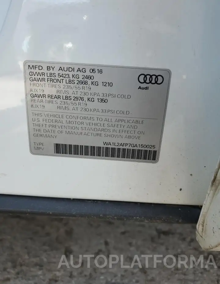 AUDI Q5 PREMIUM 2016 vin WA1L2AFP7GA150025 from auto auction Copart