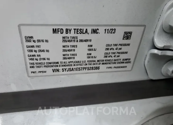 TESLA MODEL S 2023 vin 5YJSA1E57PF528386 from auto auction Copart