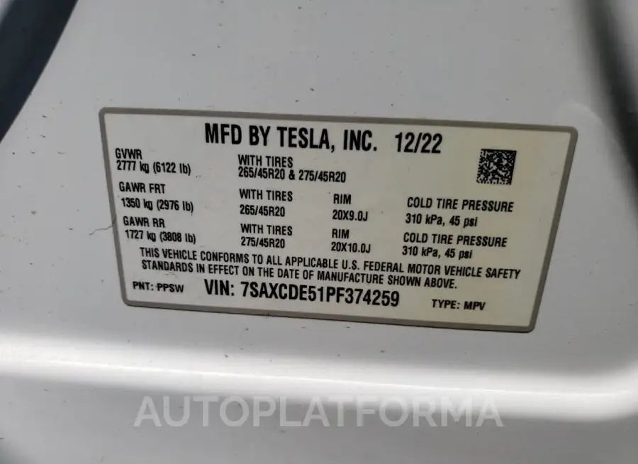 TESLA MODEL X 2023 vin 7SAXCDE51PF374259 from auto auction Copart