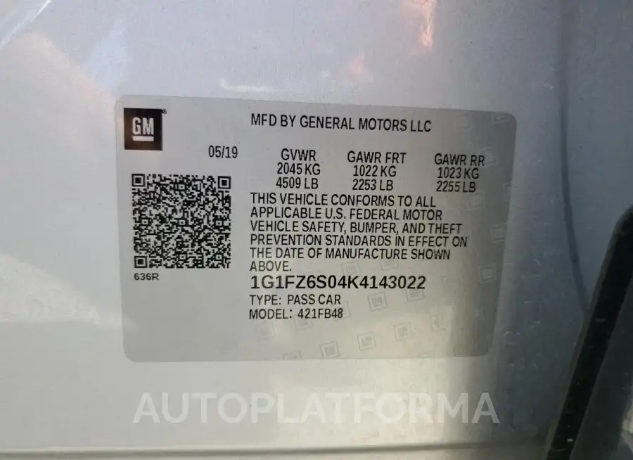 CHEVROLET BOLT EV PR 2019 vin 1G1FZ6S04K4143022 from auto auction Copart