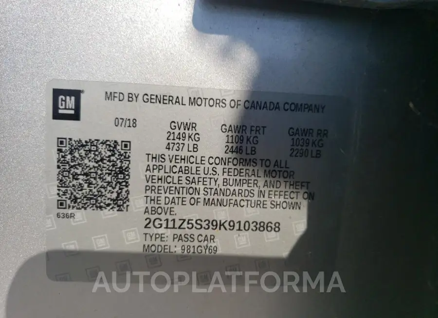 CHEVROLET IMPALA LT 2019 vin 2G11Z5S39K9103868 from auto auction Copart