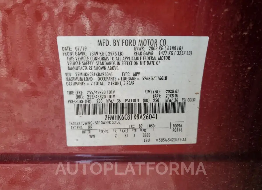 FORD FLEX SEL 2019 vin 2FMHK6C81KBA26041 from auto auction Copart