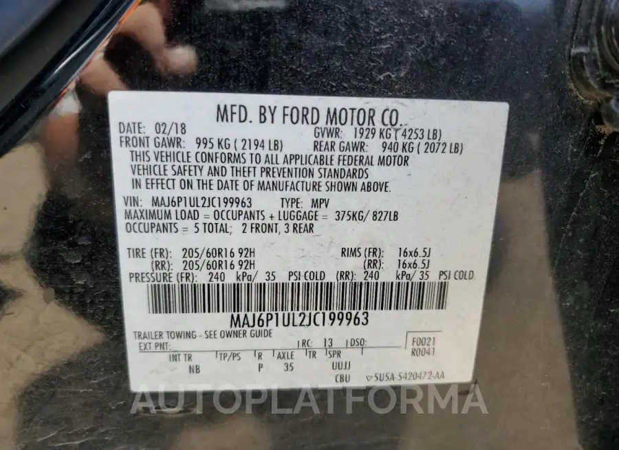 FORD ECOSPORT S 2018 vin MAJ6P1UL2JC199963 from auto auction Copart