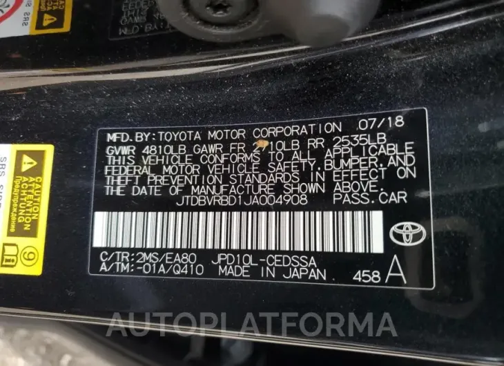 TOYOTA MIRAI 2018 vin JTDBVRBD1JA004908 from auto auction Copart