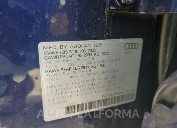 AUDI Q3 PREMIUM 2021 vin WA1AUCF34M1071398 from auto auction Copart