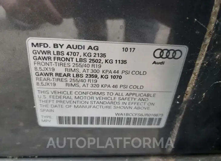 AUDI Q3 PREMIUM 2018 vin WA1BCCFS6JR016673 from auto auction Copart