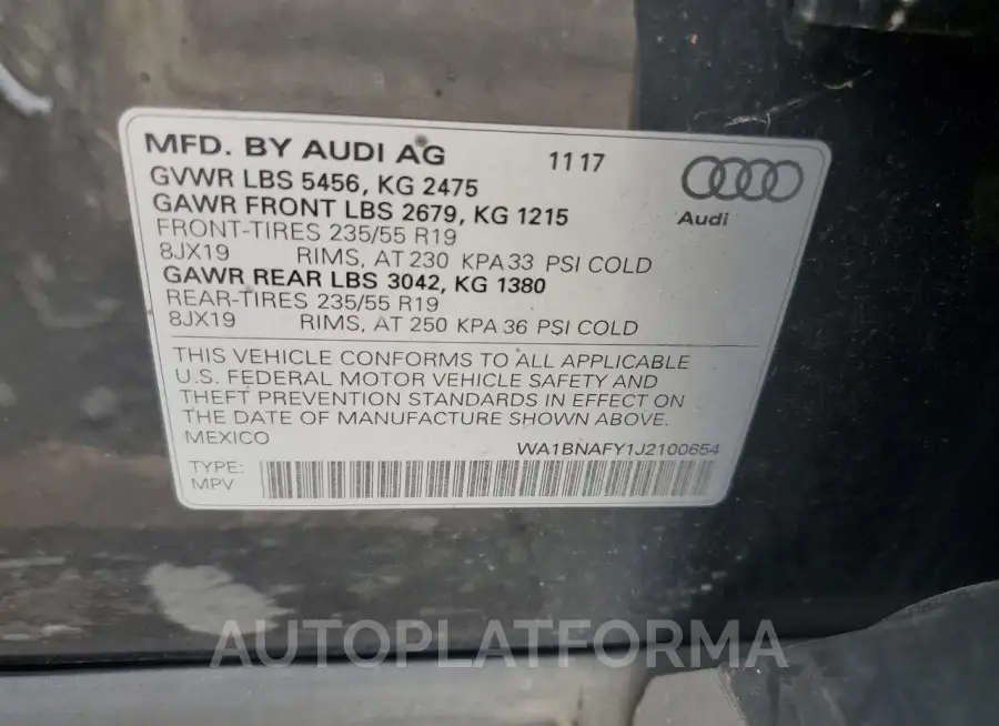 AUDI Q5 PREMIUM 2018 vin WA1BNAFY1J2100654 from auto auction Copart