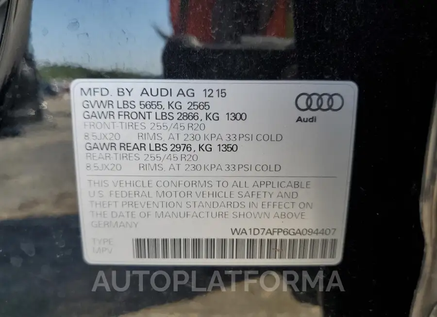 AUDI Q5 PREMIUM 2016 vin WA1D7AFP6GA094407 from auto auction Copart