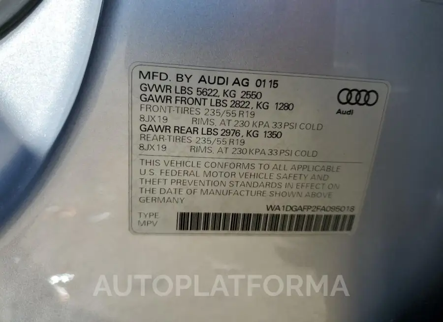 AUDI Q5 PREMIUM 2015 vin WA1DGAFP2FA095018 from auto auction Copart