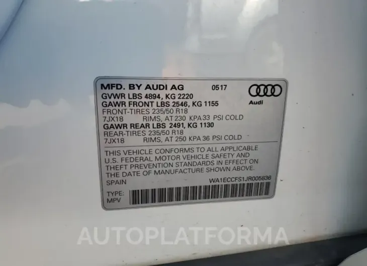 AUDI Q3 PREMIUM 2018 vin WA1ECCFS1JR005836 from auto auction Copart