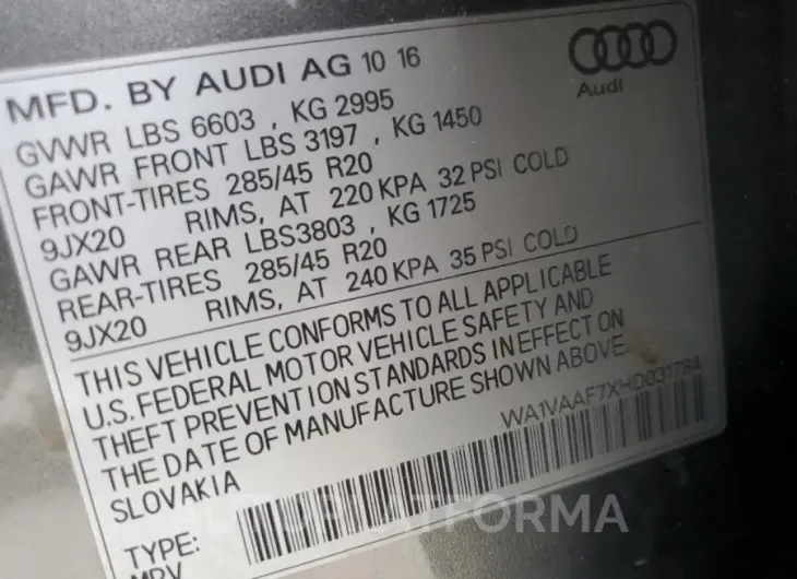 AUDI Q7 PRESTIG 2017 vin WA1VAAF7XHD031784 from auto auction Copart