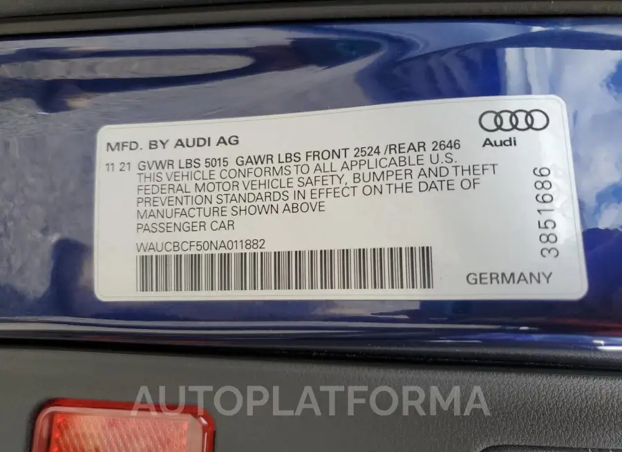 AUDI A5 PREMIUM 2022 vin WAUCBCF50NA011882 from auto auction Copart