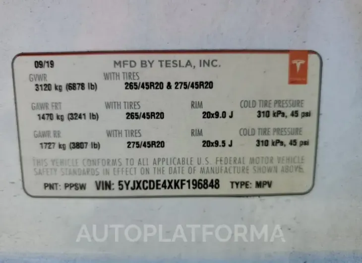 TESLA MODEL X 2019 vin 5YJXCDE4XKF196848 from auto auction Copart