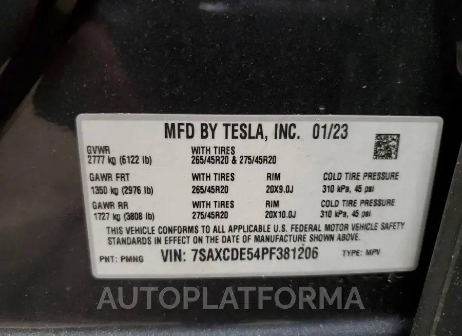 TESLA MODEL X 2023 vin 7SAXCDE54PF381206 from auto auction Copart